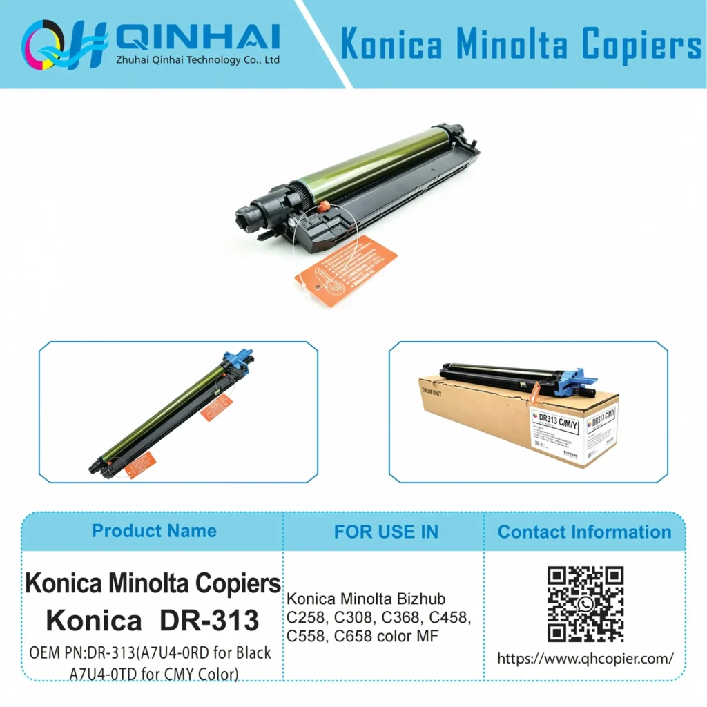 konica minolta dr 313 drum unit oem code: dr 313(a7u4 0rd for black / a7u4 0td for cmy color)